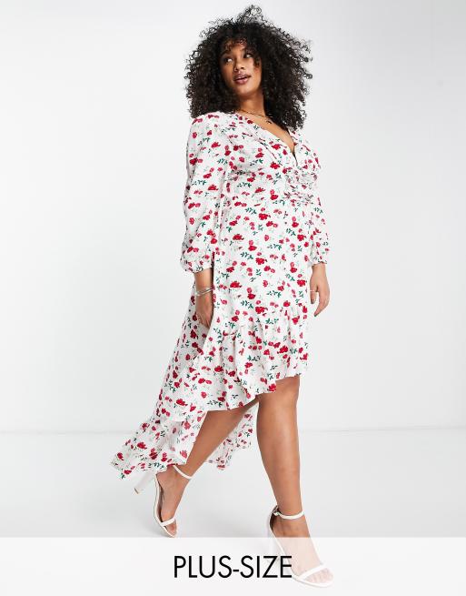 Vestido semilargo blanco asimétrico con estampado de rosas y mangas voluminosas exclusivo de Collective The Label Curve