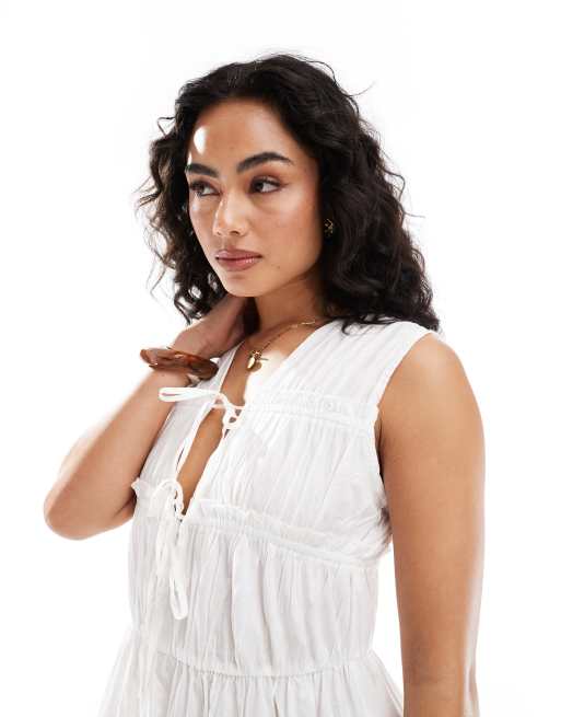 Vestido semilargo blanco fruncido con lazada delantera de algodón de ONLY, 2 de 4