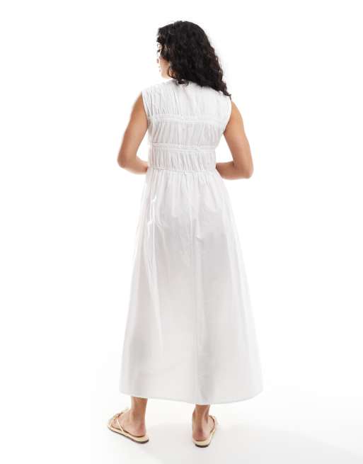Vestido semilargo blanco fruncido con lazada delantera de algodón de ONLY, 3 de 4