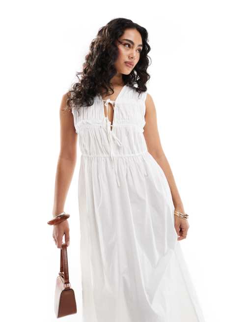 Vestido semilargo blanco fruncido con lazada delantera de algodón de ONLY, 4 de 4