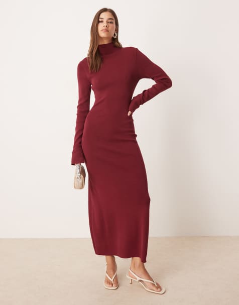 Vestido semilargo burdeos con mangas acampanadas de punto de Pretty Lavish - view 1