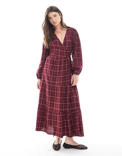 Vestido semilargo burdeos cruzado con estampado de cuadrícula de Wednesday's Girl - view 1