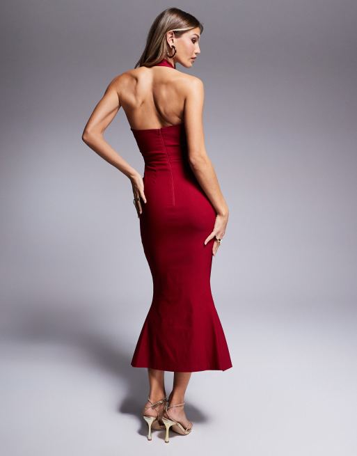 Vestido semilargo burdeos de corte sirena con cuello halter y escote corazón de bengalina de Vesper, 3 de 4
