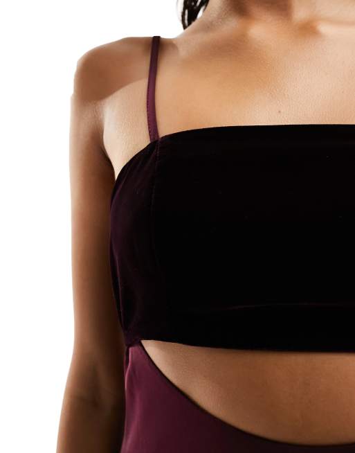 Vestido semilargo burdeos de satén con abertura y pecho de terciopelo de ASOS DESIGN, 2 de 4