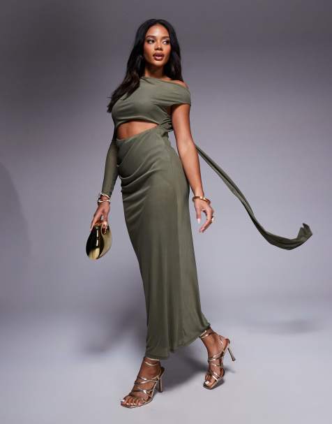 Vestido semilargo caqui asimétrico con espalda descubierta, detalle colgante e insertos de malla de ASOS DESIGN - view 1