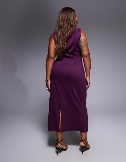 Vestido semilargo color ciruela plisado con cuello subido recto de ASOS DESIGN Curve, 4 de 4