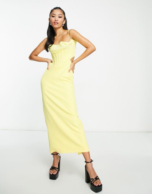 Vestido semilargo color limón con diseño de corsé y detalle drapeado de Bardot