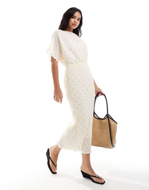 Vestido semilargo color marfil plisado con estampado de motas doradas Tilly de Never Fully Dressed