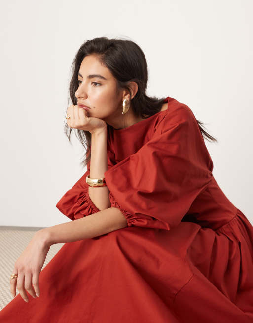 Vestido semilargo color óxido con cintura ceñida y mangas globo de algodón de ASOS EDITION, 3 de 4