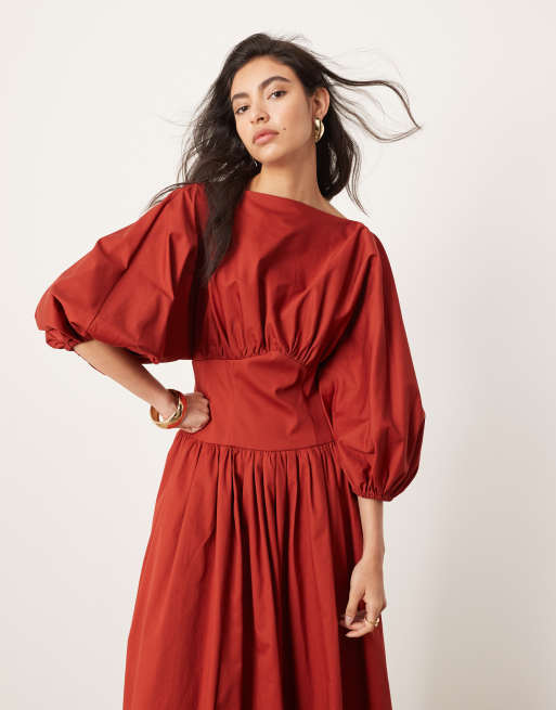 Vestido semilargo color óxido con cintura ceñida y mangas globo de algodón de ASOS EDITION, 4 de 4