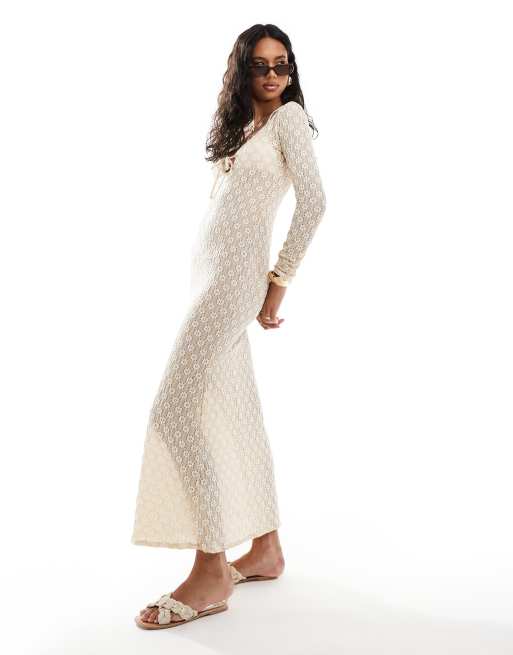 Vestido semilargo color piedra de manga larga con lazada delantera y patrón de flores de croché de ASOS DESIGN