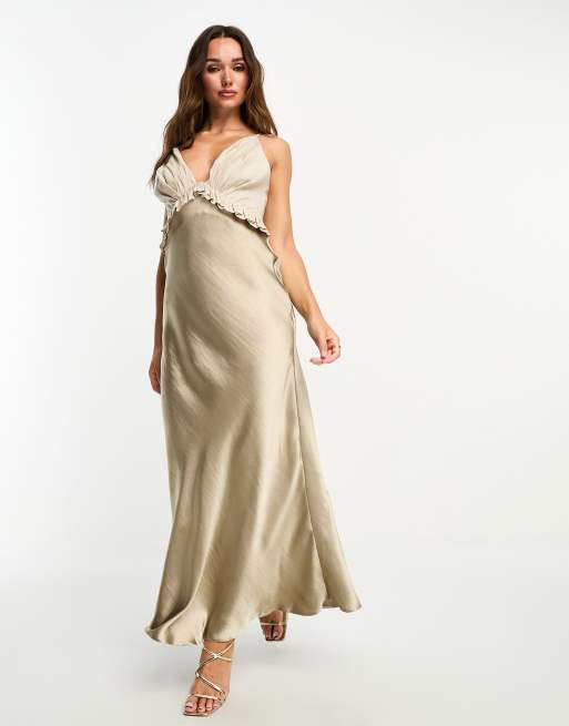 Vestido semilargo color piedra ultrabrillante de satén de tirantes con volantes y detalle de lino en el pecho de ASOS DESIGN