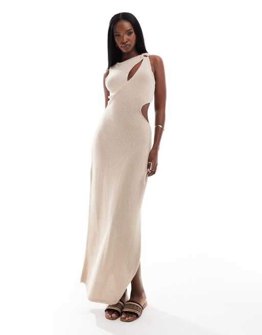 Vestido semilargo color topo de manga larga con aberturas y detalles metálicos de punto de ASOS DESIGN