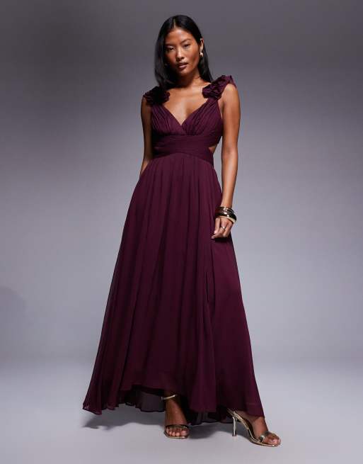 Vestido semilargo color vino oporto con volante en los hombros de Forever New Petite