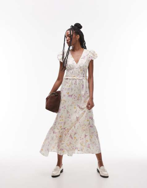 Vestido semilargo con estampado floral, bajo escalonado y cuerpo fruncido de mezcla de lino de & Other Stories - view 1