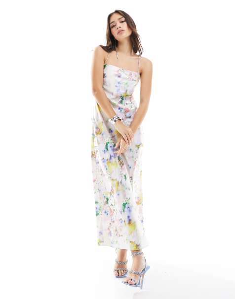 Vestido semilargo con estampado floral luminoso y espalda desbocada de satén de EDITED - view 1