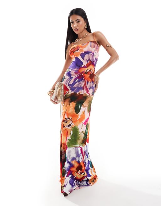 Vestido semilargo de tirantes con cuello ancho, estampado floral llamativo y ribetes en contraste de ASOS DESIGN