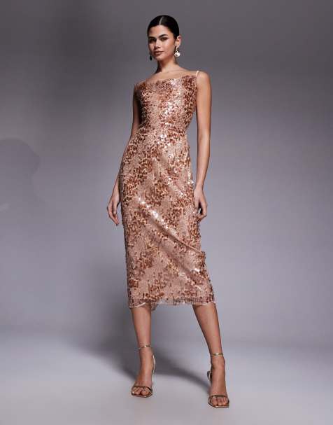 Vestido semilargo dorado rosa con bajo festoneado de lentejuelas de TFNC - view 1