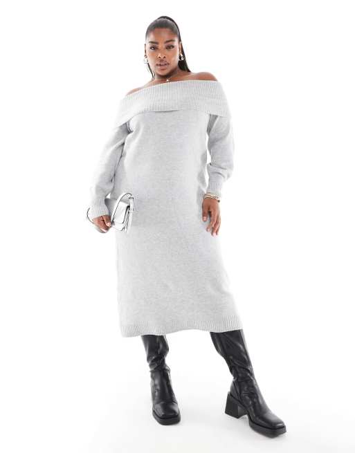 Vestido semilargo gris claro con escote Bardot de punto de ONLY Curve