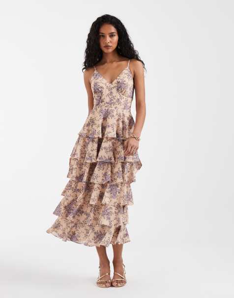 Vestido semilargo lila con estampado floral, volantes y lazada en la espalda de Pretty Lavish - view 1