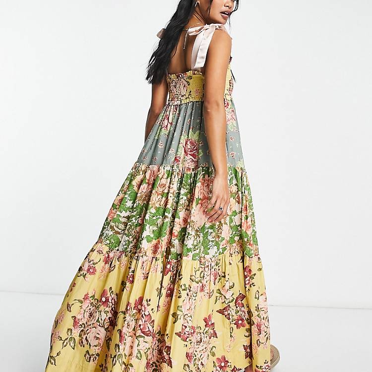 Vestido semilargo multicolor con diseño escalonado, estampado floral y  detalle de lazos rosas de cretona de Free People | ASOS