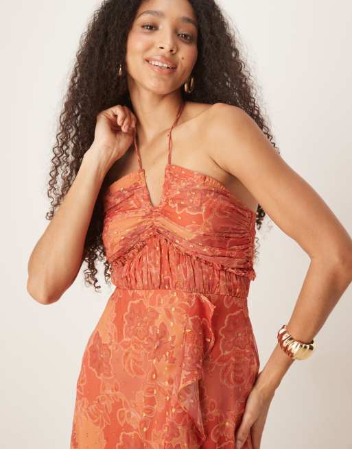 Vestido semilargo naranja con estampado floral y cuello halter de Anaya, 2 de 4