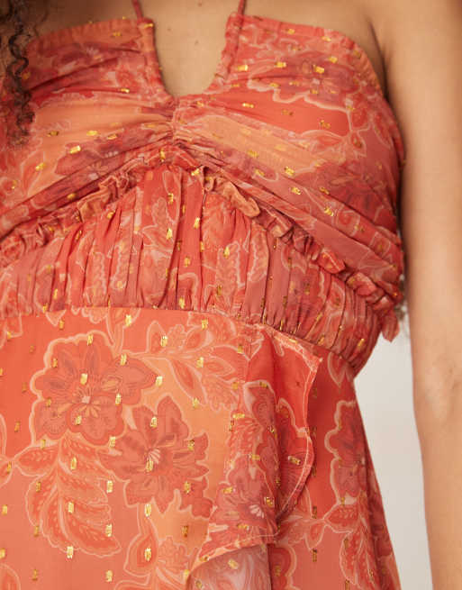 Vestido semilargo naranja con estampado floral y cuello halter de Anaya, 4 de 4