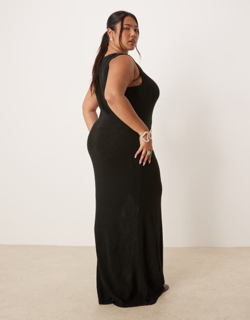 Vestido semilargo negro con cuello ancho de punto texturizado de ASOS DESIGN Curve, 2 de 4
