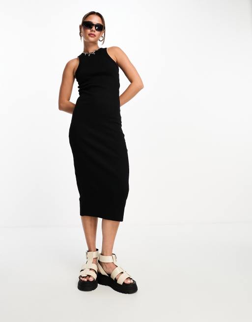Vestido semilargo negro con cuello de nadadora de canalé de JJXX