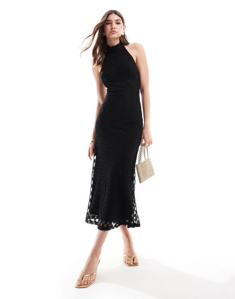 Vestido semilargo negro con cuello halter y espalda abierta de encaje de Bardot - view 1