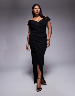 Vestido semilargo negro con detalle cruzado y escote Bardot de TFNC Plus - view 1