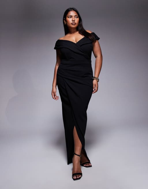 Vestido semilargo negro con detalle cruzado y escote Bardot de TFNC Plus