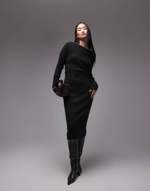 Vestido semilargo negro con detalle drapeado retorcido de canalé de ARKET