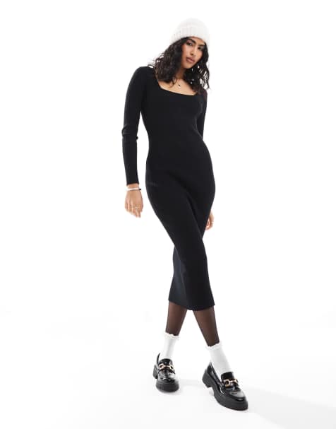 Vestido semilargo negro con escote cuadrado de canalé de Pimkie - view 1