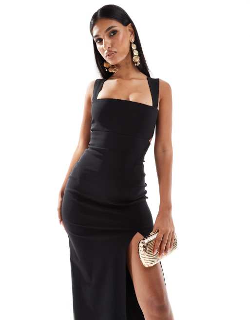 Vestido semilargo negro con escote cuadrado y abertura de bengalina de Vesper