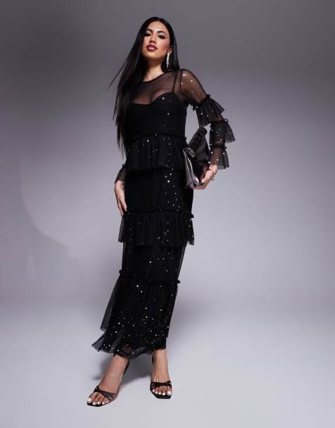 Vestido semilargo negro con estampado de estrellas de malla de Never Fully Dressed - view 1