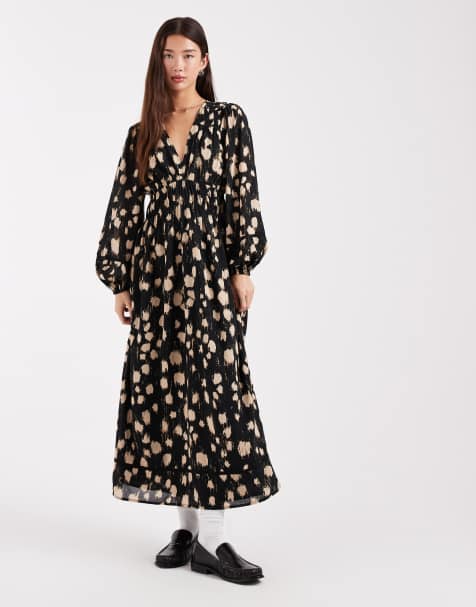 Vestido semilargo negro de manga larga con estampado de lunares de Wednesday's Girl - view 1