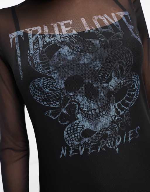 Vestido semilargo negro de manga larga con estampado gráfico de malla de ASOS DESIGN, 3 de 4