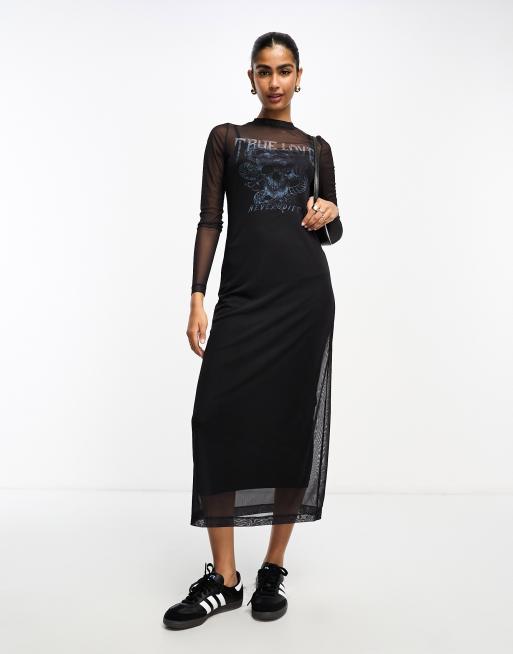 Vestido semilargo negro de manga larga con estampado gráfico de malla de ASOS DESIGN, 4 de 4