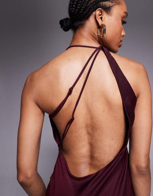 ASOS DESIGN Tall satin asymmetric strap midaxi dress with split in dark cherry