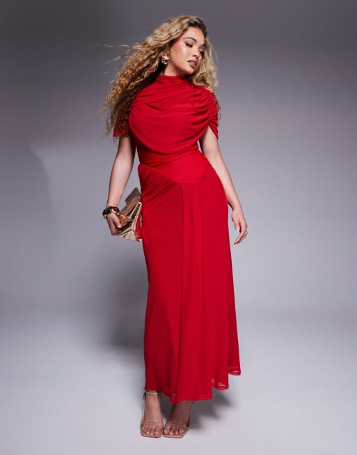 Vestido semilargo rojo con cuello alto, diseño desbocado y costura fruncida en la cintura de ASOS DESIGN