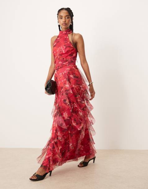 Vestido semilargo rojo con estampado floral extragrande, cuello halter y volantes de Lace & Beads - view 1