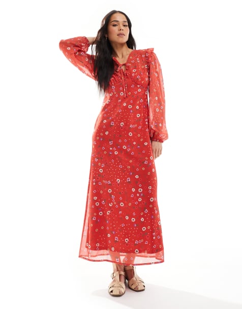 Vestido semilargo rojo con volantes y estampado de lunares y flores de Wednesday's Girl - view 1