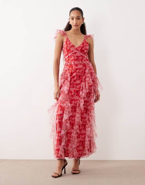 Vestido semilargo rojo y rosa con estampado floral y volantes de tul de Lace & Beads - view 1