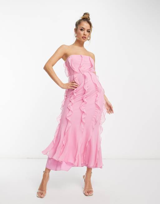 Vestido semilargo rosa con volantes escote palabra de honor y lazada en la cintura de ASOS DESIGN