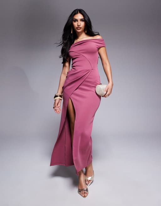 Vestido semilargo rosa empolvado con cuerpo de ballenas y escote Bardot estructurado de tejido efecto neopreno de ASOS DESIGN