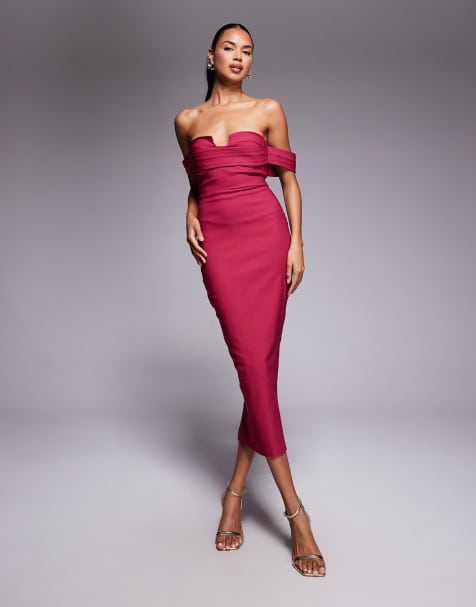 Vestido semilargo rosa frambuesa con escote palabra de honor con hombros caídos y detalle de muesca en la parte delantera de Vesper - view 1