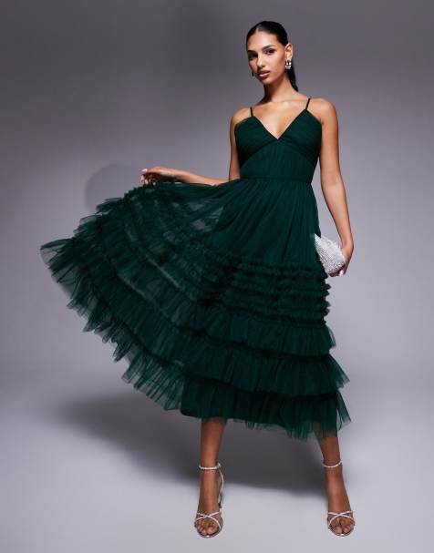 Vestido semilargo verde bosque escalonado con volantes de Lace & Beads - view 1