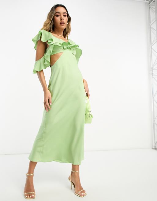 Vestido semilargo verde claro con mangas de volantes de satén de ASOS DESIGN ASOS