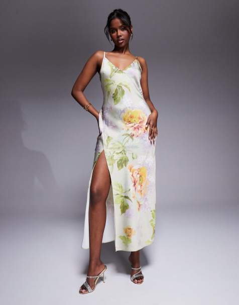 Vestido semilargo verde con estampado floral, cuello de pico, abertura y detalle de costuras de satén de ASOS DESIGN - view 1
